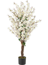 Faux plum blossom plant with white fabric flowers and solid wood trunk, perfect for elegant home or office decor.