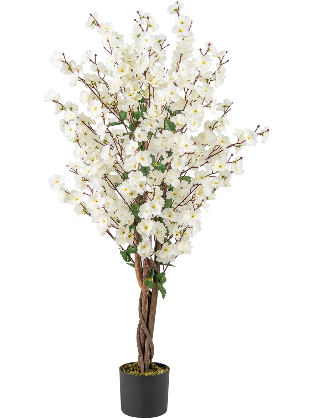 Faux plum blossom plant with white fabric flowers and solid wood trunk, perfect for elegant home or office decor.