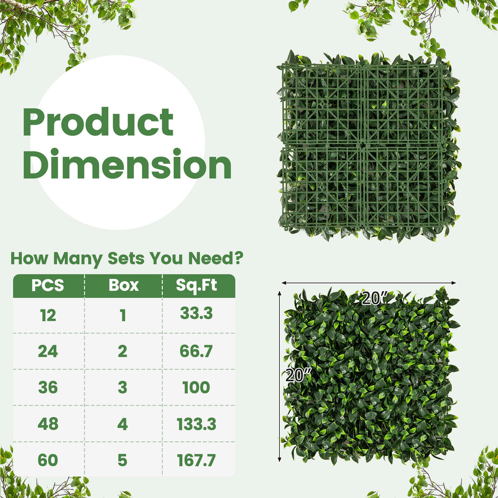 Product dimensions chart for 12 pieces of 20 x 20 inch artificial topiary gardenia shrub grass panels, showing coverage.