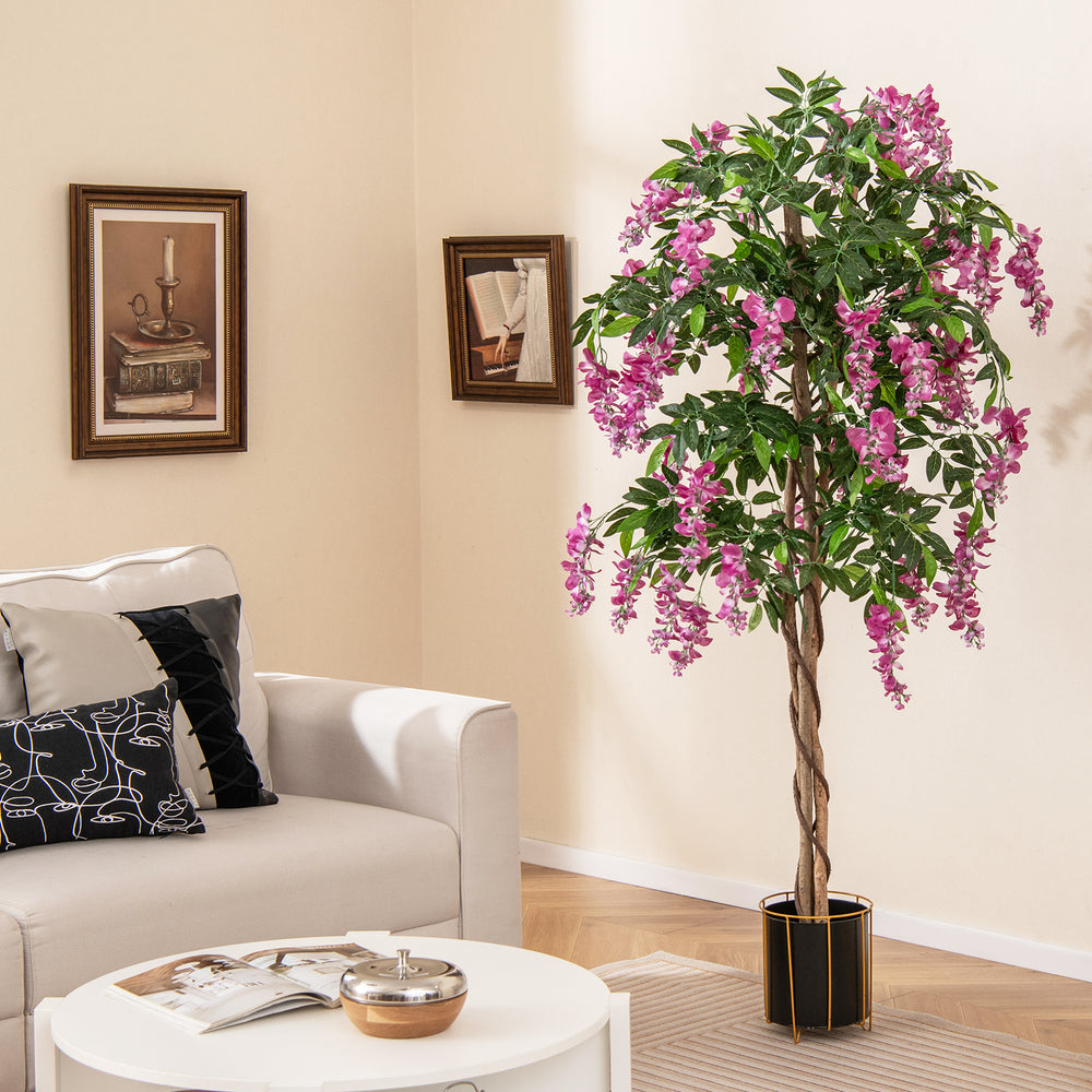 5.5 FT faux wisteria plant with vibrant rose red blooms, showcasing elegant clusters in a stylish nursery pot for.