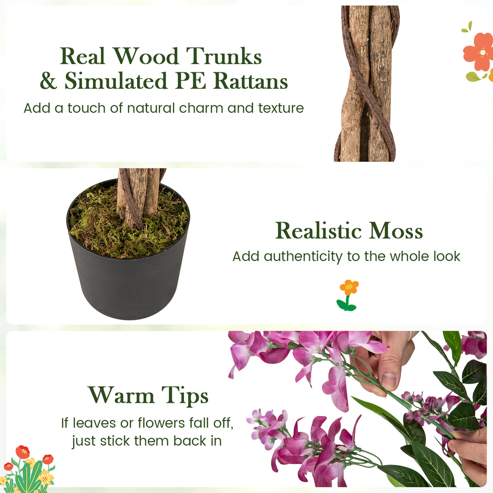 Faux wisteria plant with rose red flowers in a nursery pot, featuring realistic moss and natural wood trunks for.