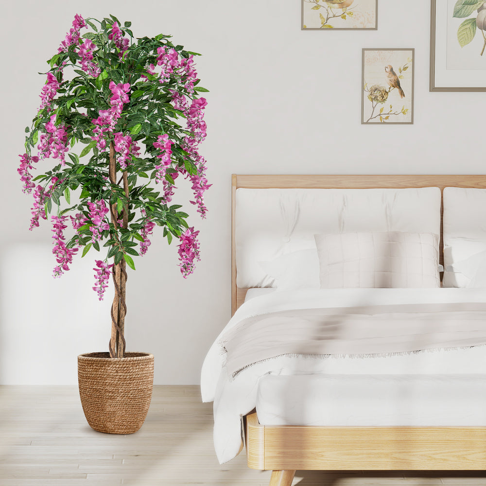 5.5 FT faux wisteria plant with rose red flowers in a nursery pot, perfect for home or office decor.