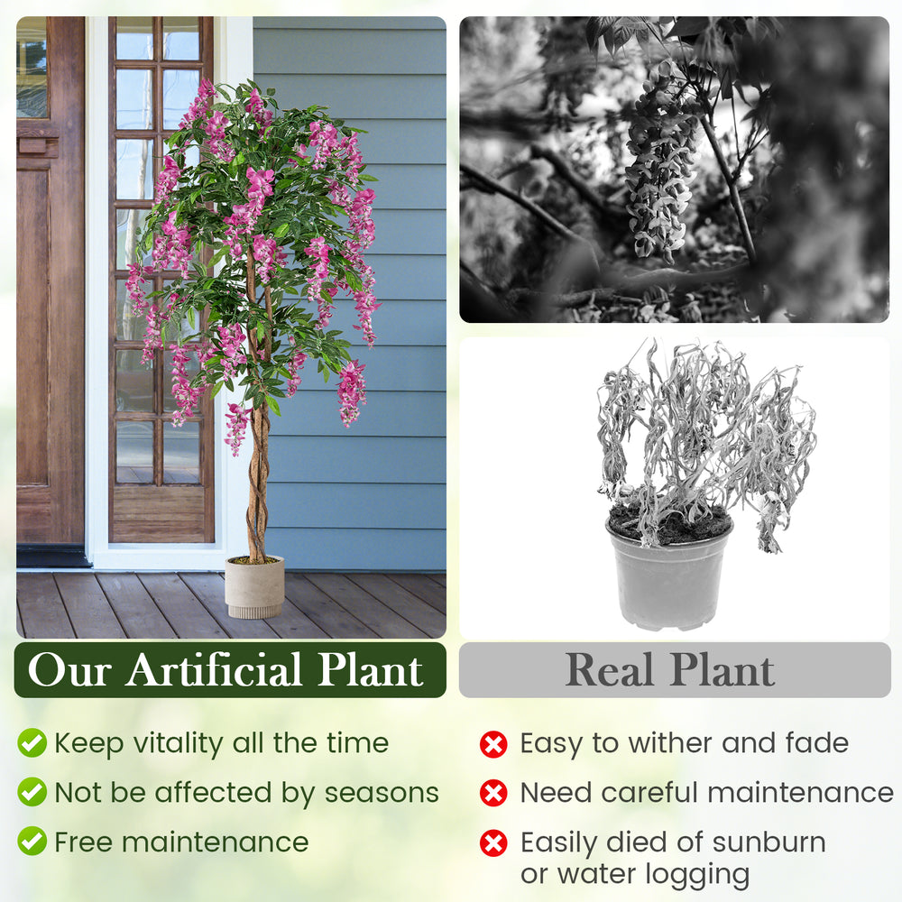 5.5 FT faux wisteria plant in nursery pot with blooming rose red flowers, perfect for home or office decor, low.