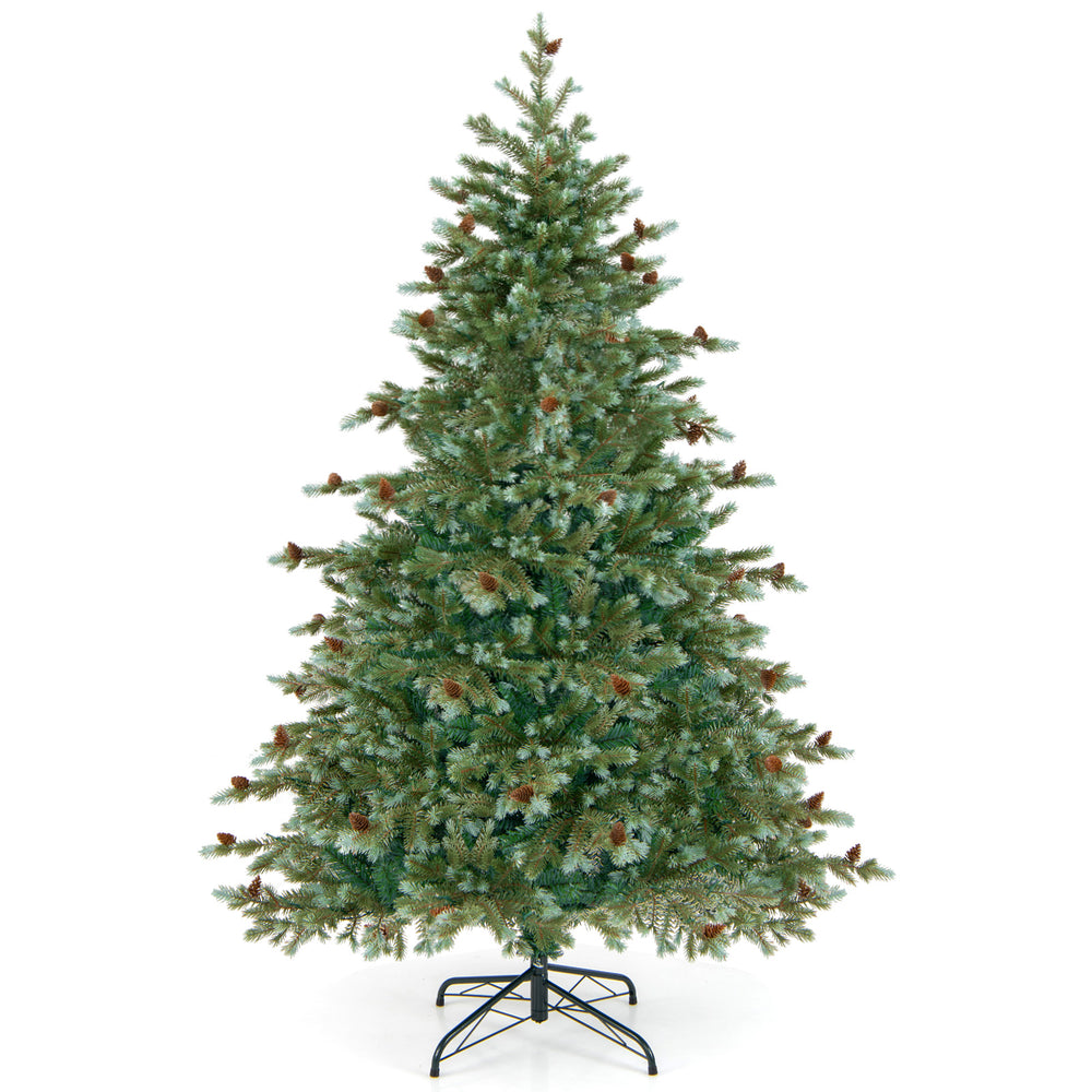 6-foot Christmas tree featuring warm white LED lights and realistic pine cones, perfect for festive home decoration.