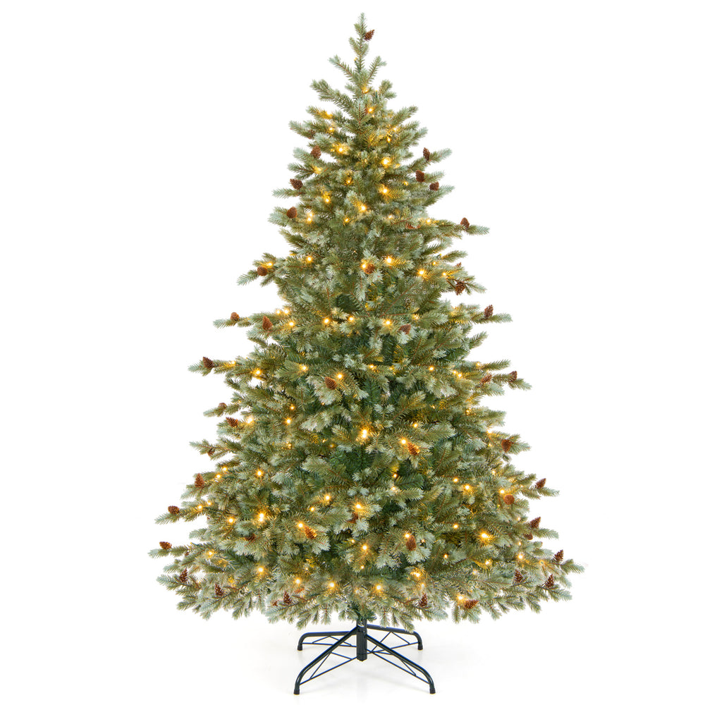 6-foot Christmas tree with warm white LED lights, pine cones, and a sturdy metal stand for festive holiday decor.