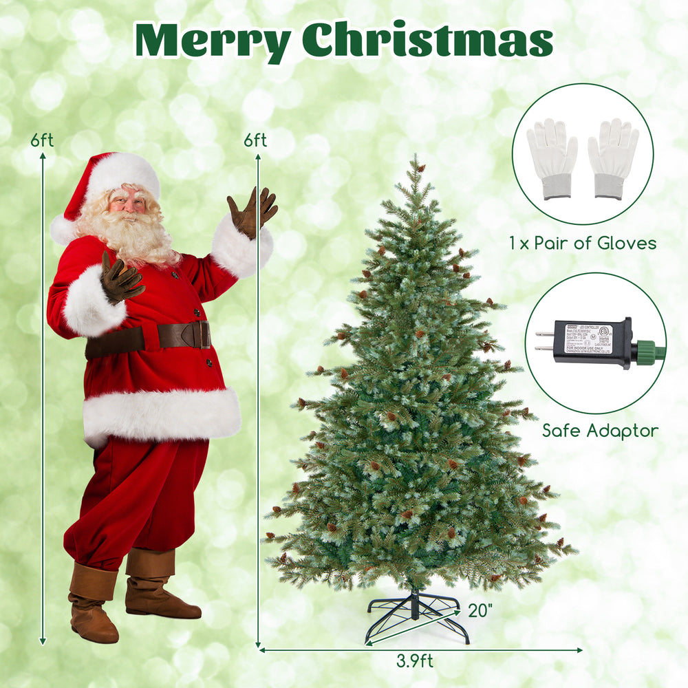 6 ft Christmas tree with warm white LED lights, 89 pine cones, and metal stand for festive holiday decor.