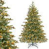 6-foot Christmas tree with warm white LED lights and pine cones, featuring a hinged structure and metal stand for.