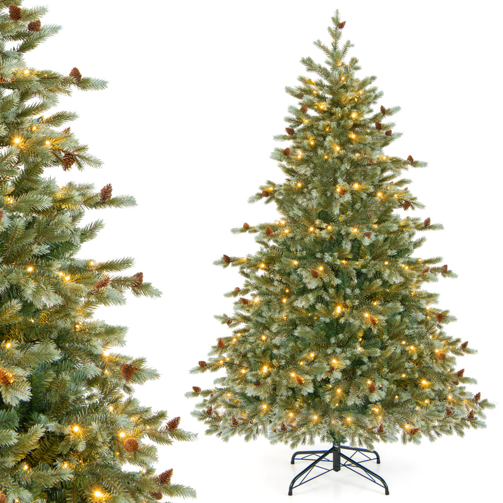 6-foot Christmas tree with warm white LED lights and pine cones, featuring a hinged structure and metal stand for.