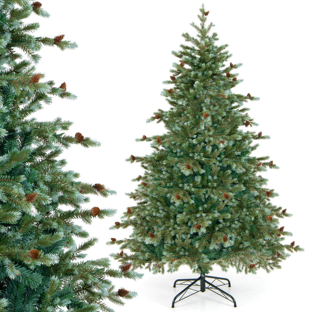 Realistic 6-foot Christmas tree showcasing 846 branch tips and adorned with pine cones, ideal for holiday ambiance.