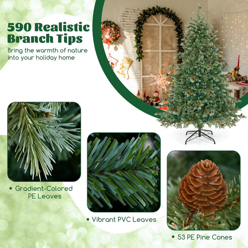 6-foot Christmas tree featuring 590 branch tips, 89 PE pine cones, and warm white LED lights for festive decoration.