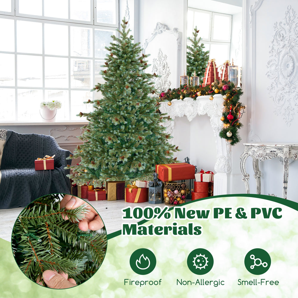 6-foot Christmas tree with warm white LED lights, PE pine cones, and fireproof materials for festive home decoration.