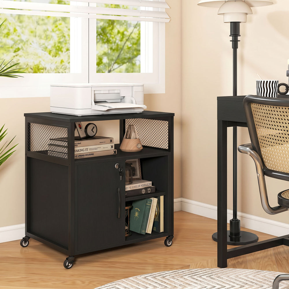 File cabinet on wheels in black showcasing a spacious top and open shelf for organized storage in home or office.