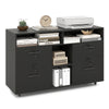 Black file cabinet with lock, featuring mobile design, 2 drawers, adjustable shelves, and space for a printer.