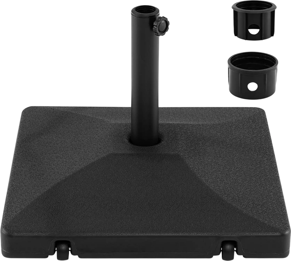 Heavy-duty black fillable umbrella base with wheels, designed for 1.5"-1.9" poles, ensures stability for outdoor use.