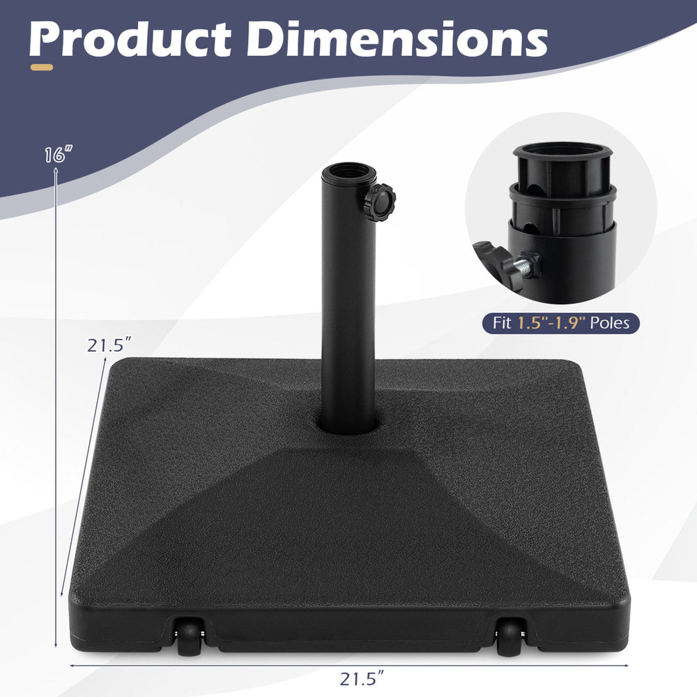 Heavy-duty black fillable umbrella base with dimensions 21.5” x 21.5” x 16”, designed for 1.5"-1.9" poles, features.
