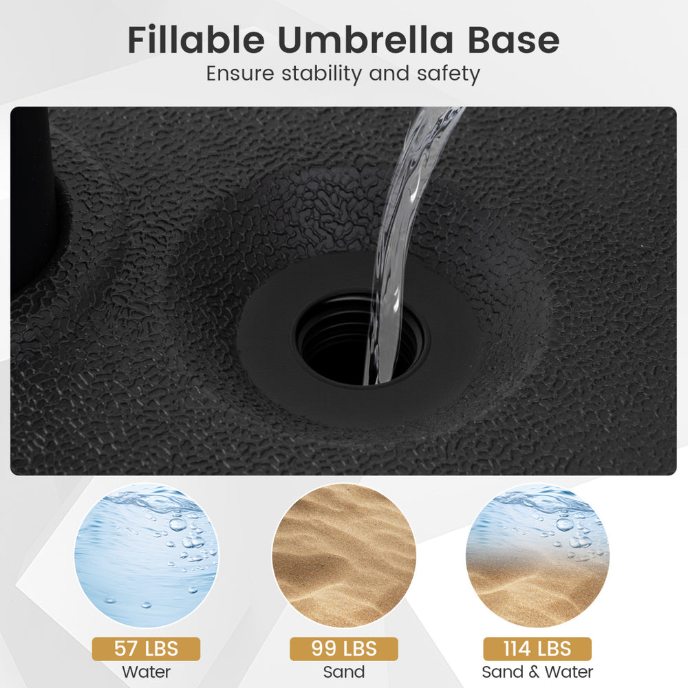 Fillable umbrella base in black, designed for stability with water or sand, featuring a large drainage spout and dual.