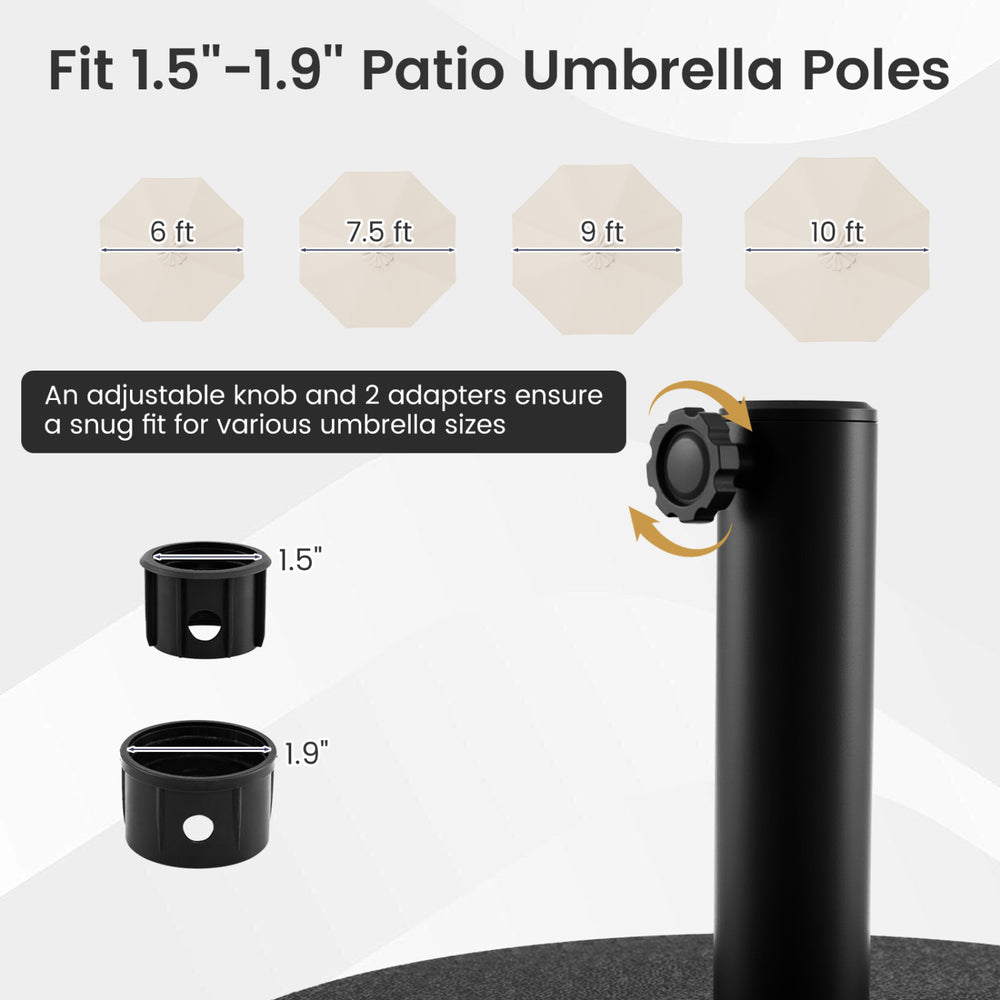 Adjustable black fillable umbrella base for 1.5"-1.9" poles, designed for stability with sand or water, ideal for patio.