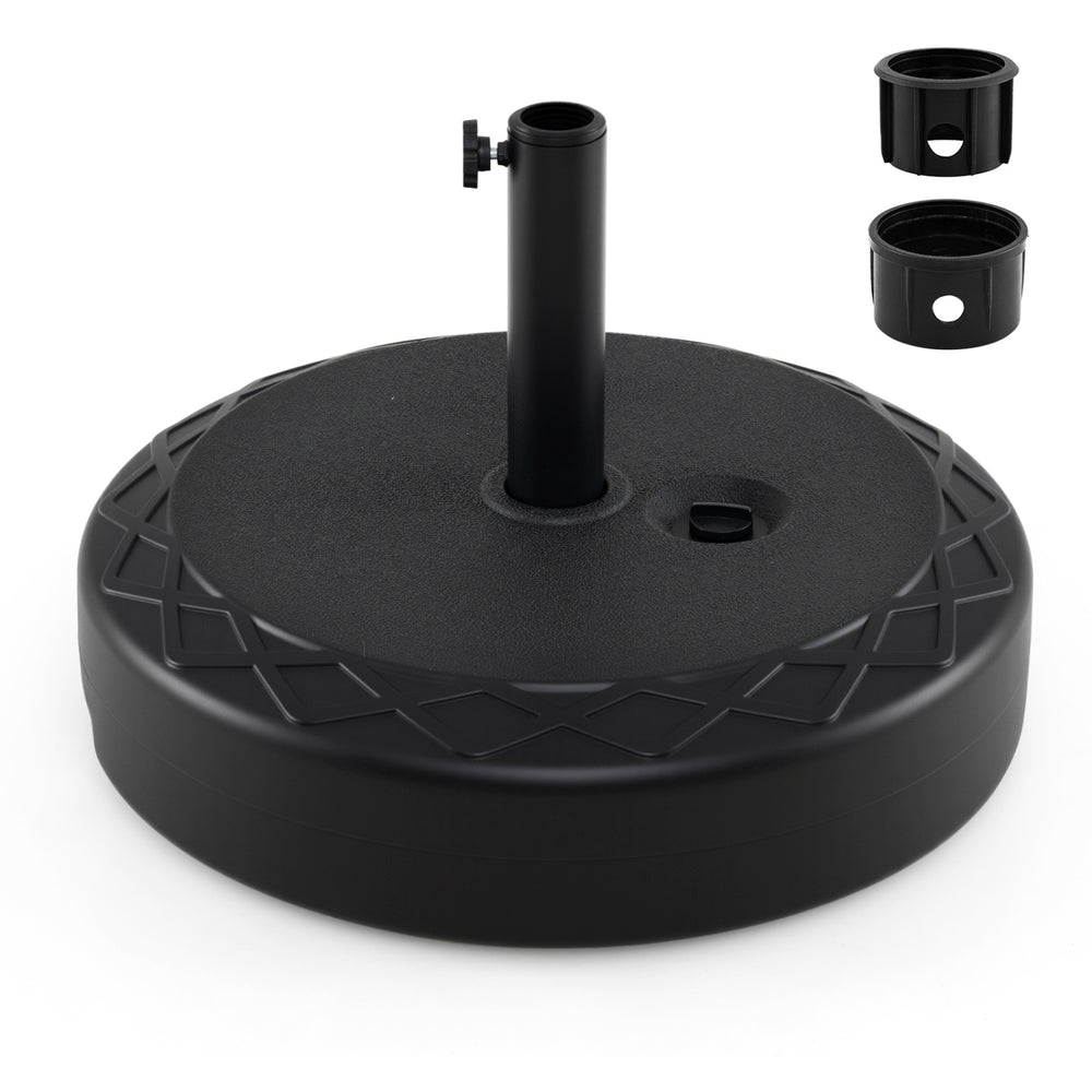 Heavy-duty black fillable umbrella base with dual adapters, designed for 1.2"-2" poles, ensuring stability for market.