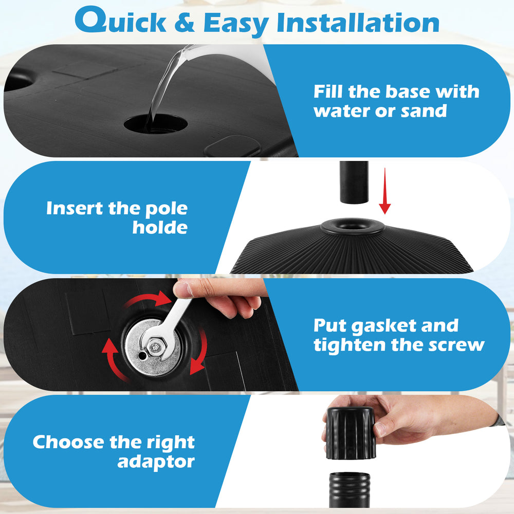 Fillable umbrella base with shell texture, designed for 6-10 ft umbrellas, featuring easy installation and stability.