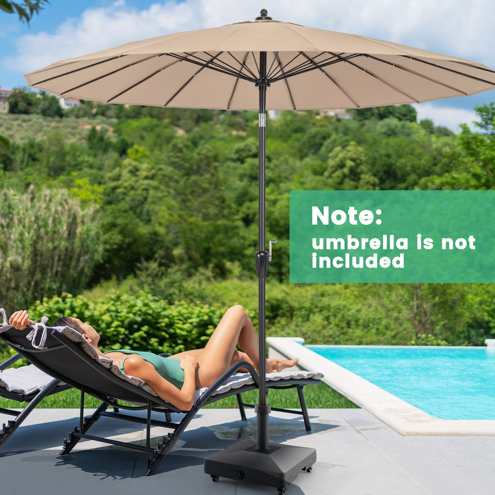 Fillable umbrella base stand with lockable wheels, designed for stability and easy movement for patio umbrellas.