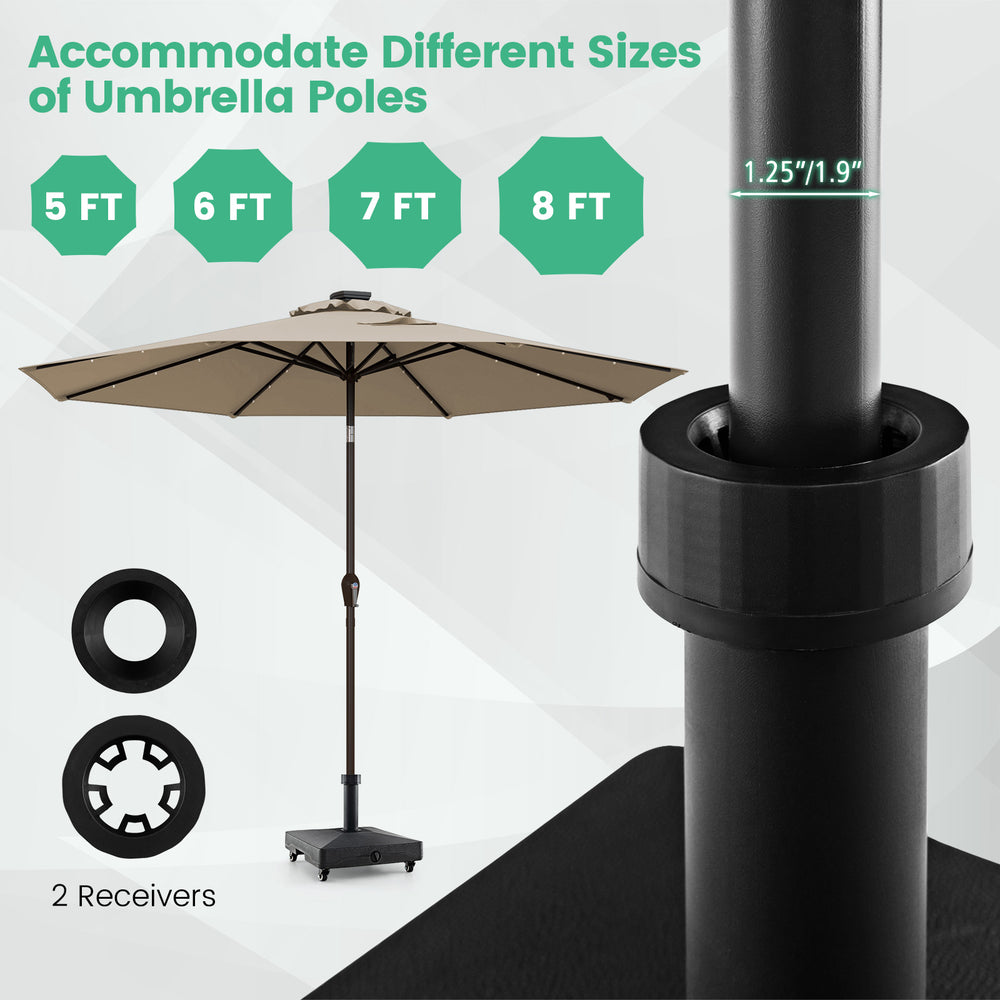 Fillable umbrella base stand with lockable wheels, designed for 1.25"/1.9" poles, ideal for patio and poolside use.
