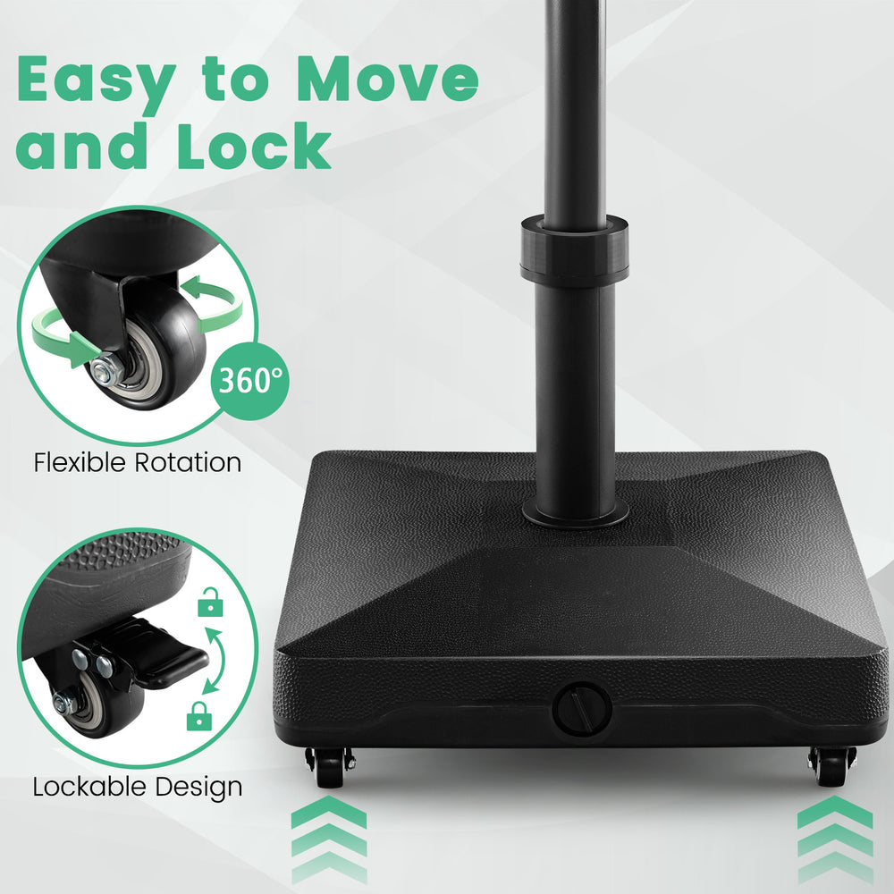 Fillable umbrella base stand with lockable wheels, designed for easy movement and stability, suitable for patio use.