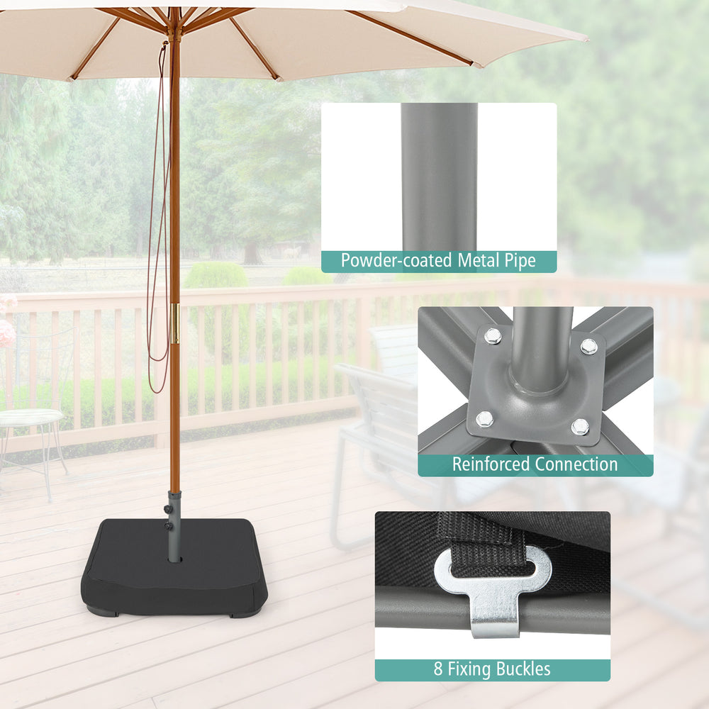 Fillable umbrella base with powder-coated metal frame, includes 2 sandbags and dust-proof cover for outdoor stability.