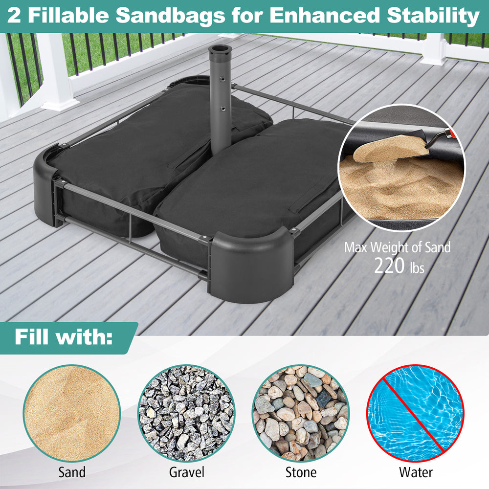 Fillable umbrella base with two sandbags for stability, featuring a dust-proof cover and sturdy metal frame for outdoor.