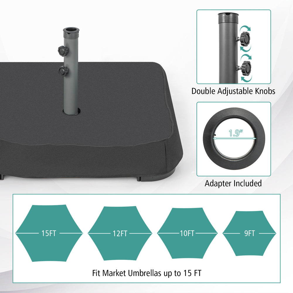 Fillable umbrella base with dust-proof cover and adjustable knobs, compatible with umbrellas up to 15ft for outdoor.
