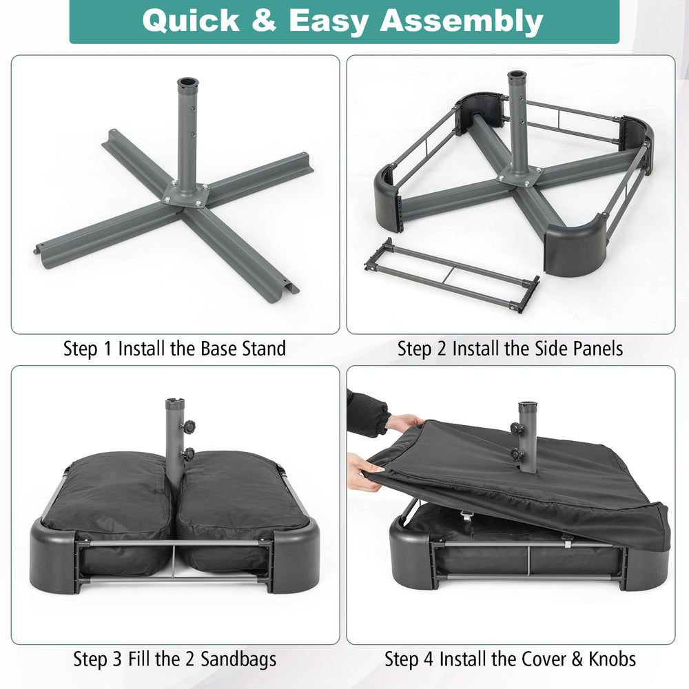 Fillable umbrella base with 2 sandbags and dust-proof cover, featuring a sturdy metal frame for outdoor stability.