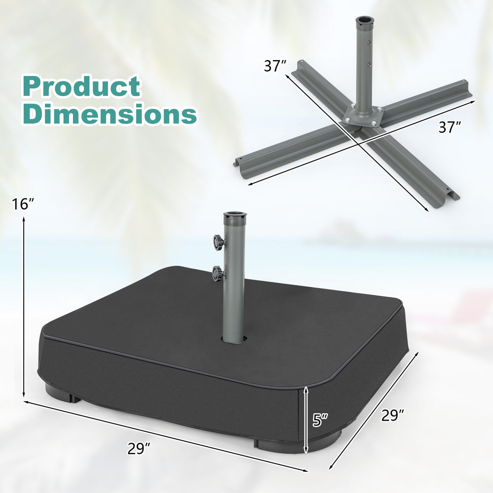Square fillable umbrella base with two sandbags, featuring a sturdy metal frame and dust-proof cover for outdoor use.