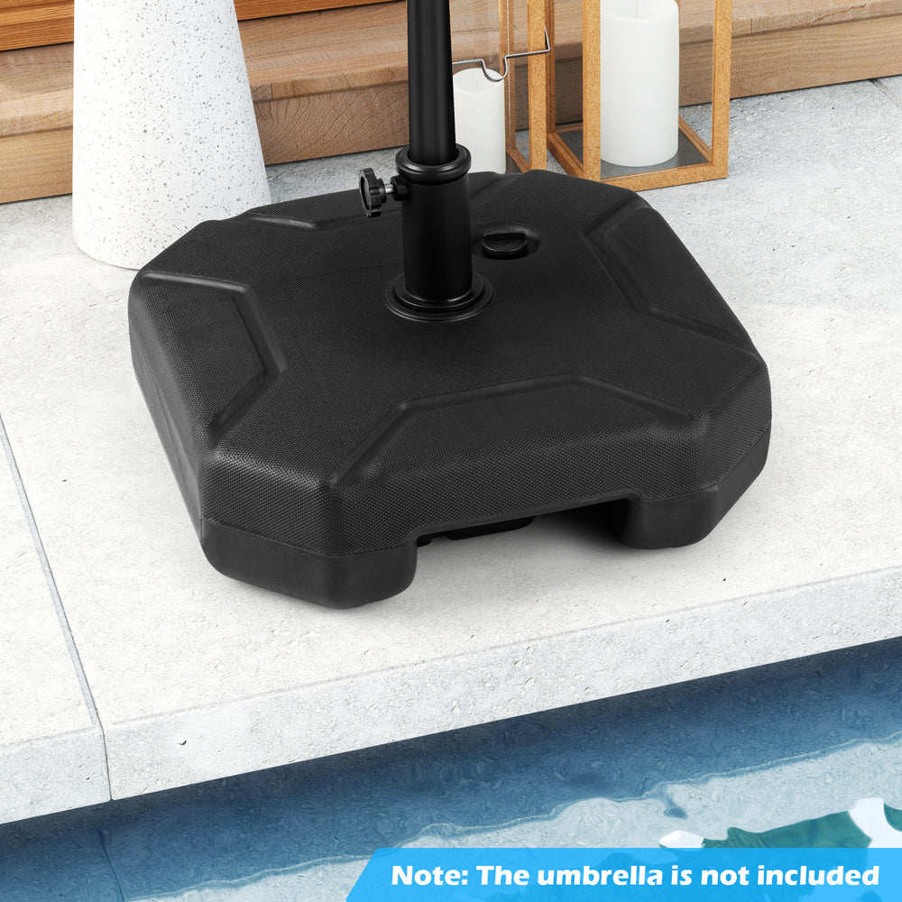 Heavy-duty 17-inch umbrella base made of HDPE, fillable with water or sand, designed for secure outdoor use.