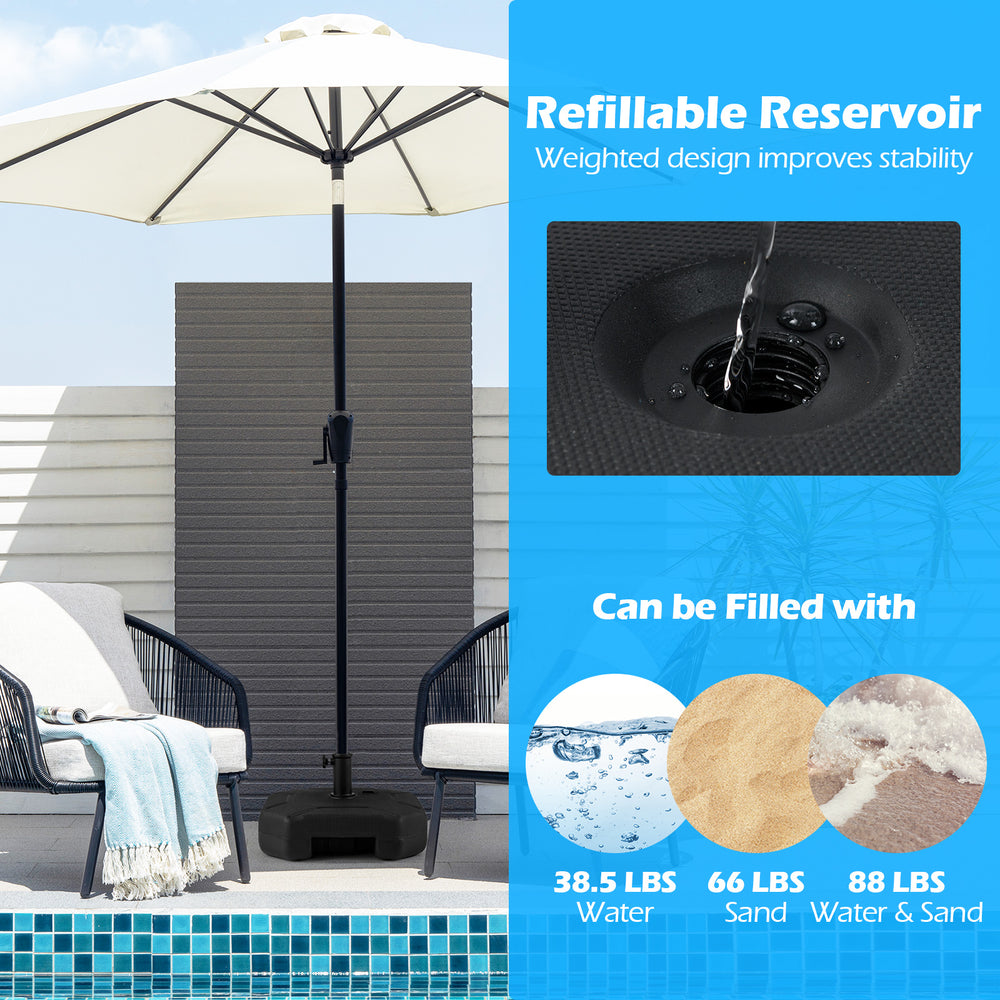 Heavy-duty 17-inch umbrella base with refillable reservoir, filled with 88 lbs of water and sand for stability.