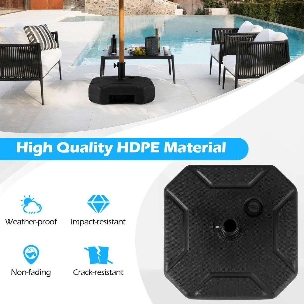 Heavy-duty 17-inch umbrella base made of HDPE material, weather-proof and impact-resistant, ideal for outdoor use.