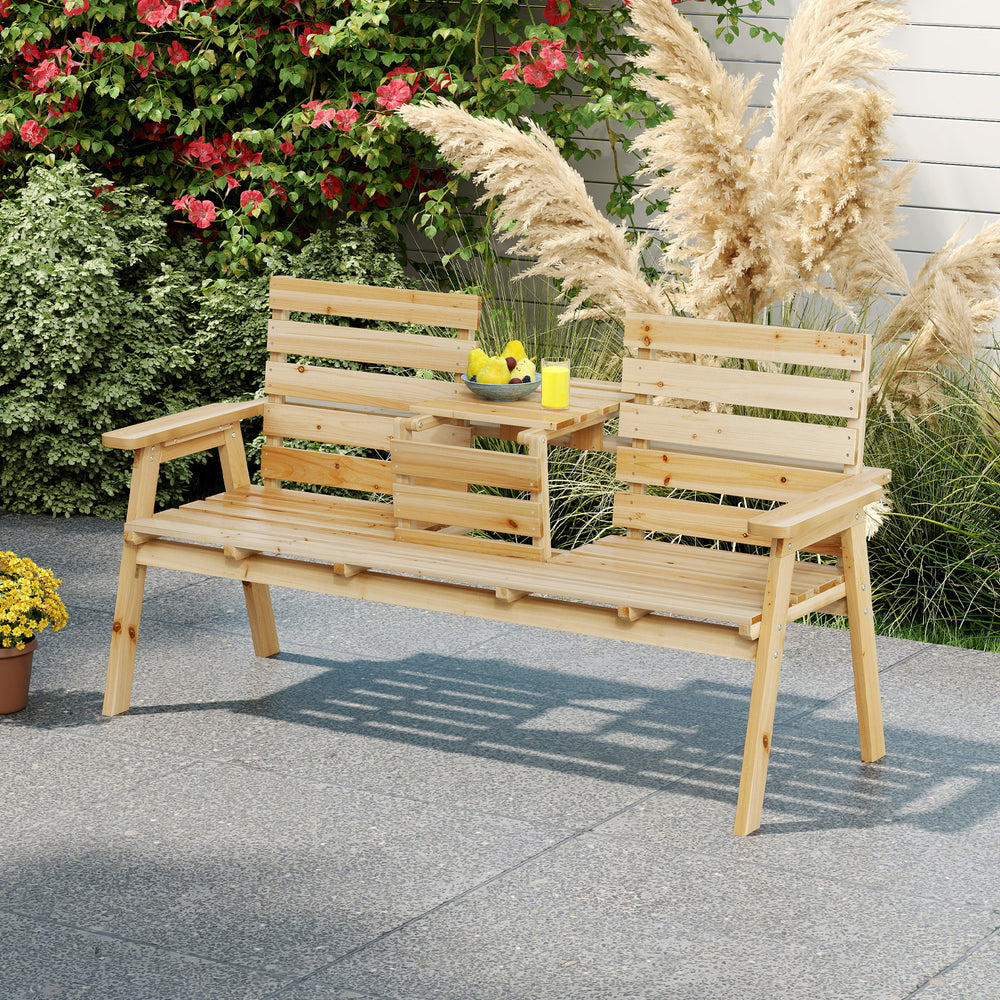 Outdoor Fir Wood Bench with Foldable Middle Table-Natural - Gallery View 1 of 11