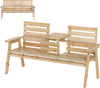 Outdoor fir wood bench with foldable middle table, natural finish, ideal for patio or garden seating for 2-3 people.