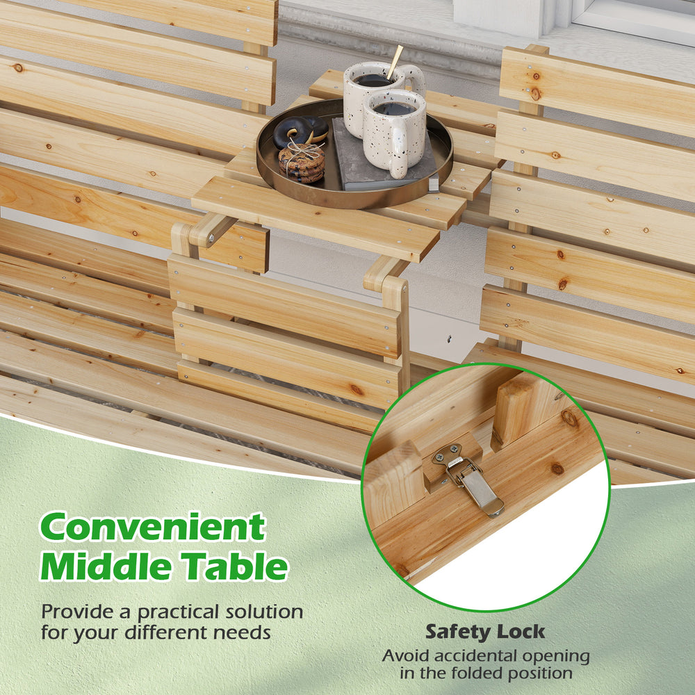 Foldable middle table of outdoor fir wood bench with safety lock, ideal for patio or backyard use.