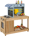 Kids kitchen playset made of fir wood with a canopy, faucet, and cookware for outdoor imaginative play and creativity.