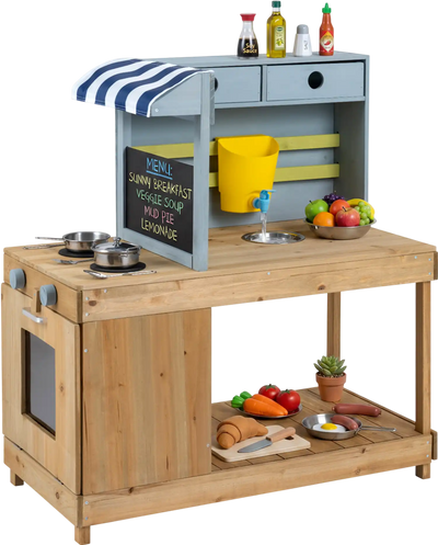 Costway Kids Fir Wood Mud Kitchen Playset w/ Canopy Faucet 20016964 New