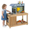 Kids kitchen playset with fir wood, real faucet, and striped canopy for outdoor pretend cooking and creative play.