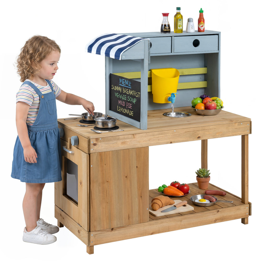 Kids kitchen playset with fir wood, real faucet, and striped canopy for outdoor pretend cooking and creative play.