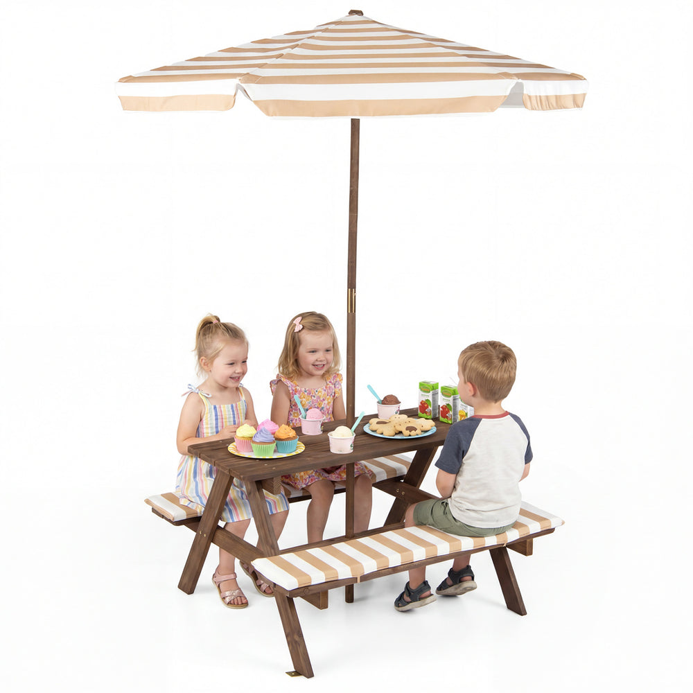 Kids picnic table with two benches and a foldable umbrella, perfect for outdoor snacks and activities.