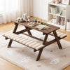 Kids picnic table made of fir wood with two built-in benches and removable cushions, perfect for indoor or outdoor fun.