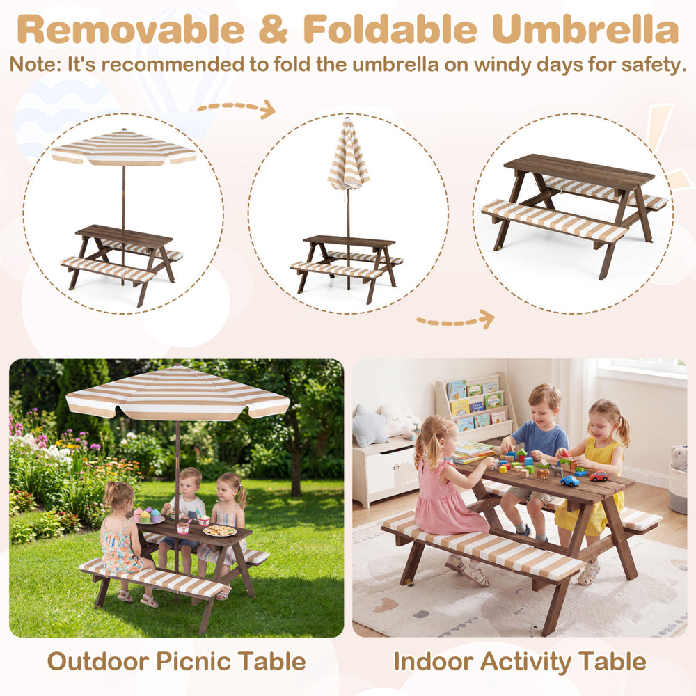 Kids picnic table with 2 benches and removable umbrella, made of fir wood, perfect for outdoor or indoor activities.