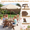 Kids picnic table with 2 benches and a foldable umbrella, made of fir wood, perfect for outdoor snacks and activities.