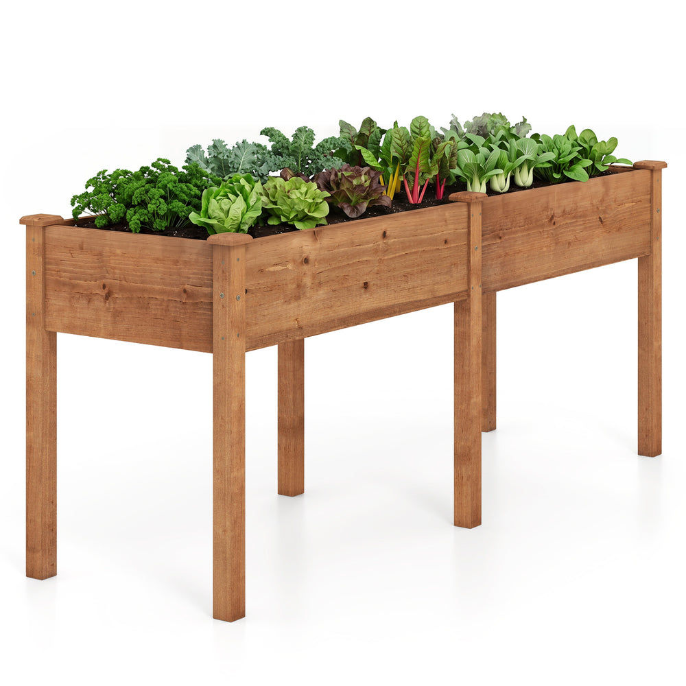 Fir wood outdoor raised garden bed with divider panel and drainage holes, perfect for planting fruits and herbs on patios.
