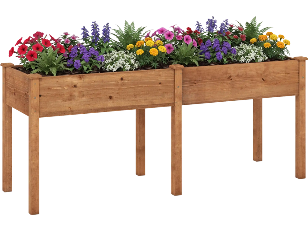 Fir wood outdoor raised garden bed with divider panel and drainage holes, perfect for planting fruits and herbs.