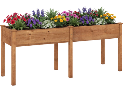 Costway Fir Wood Outdoor Raised Garden Bed w/ Divider Panel Drainage Holes 497165238 New