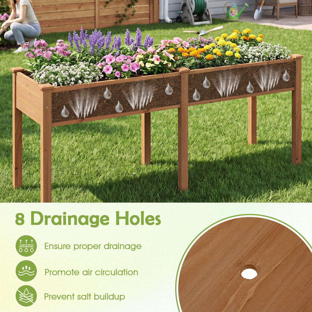 Fir wood outdoor raised garden bed with divider panel and 8 drainage holes, perfect for planting fruits and herbs.
