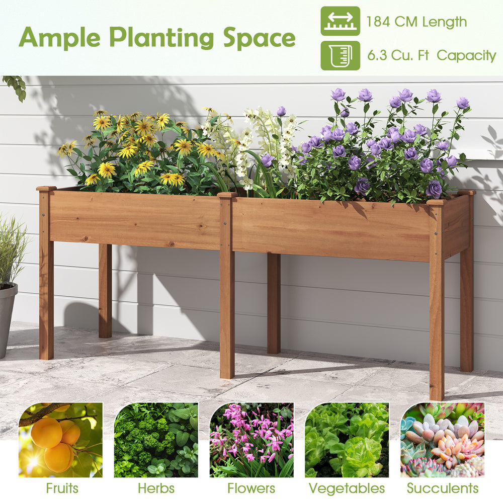 Fir wood outdoor raised garden bed with divider panel and drainage holes, ideal for planting fruits and herbs on patios.